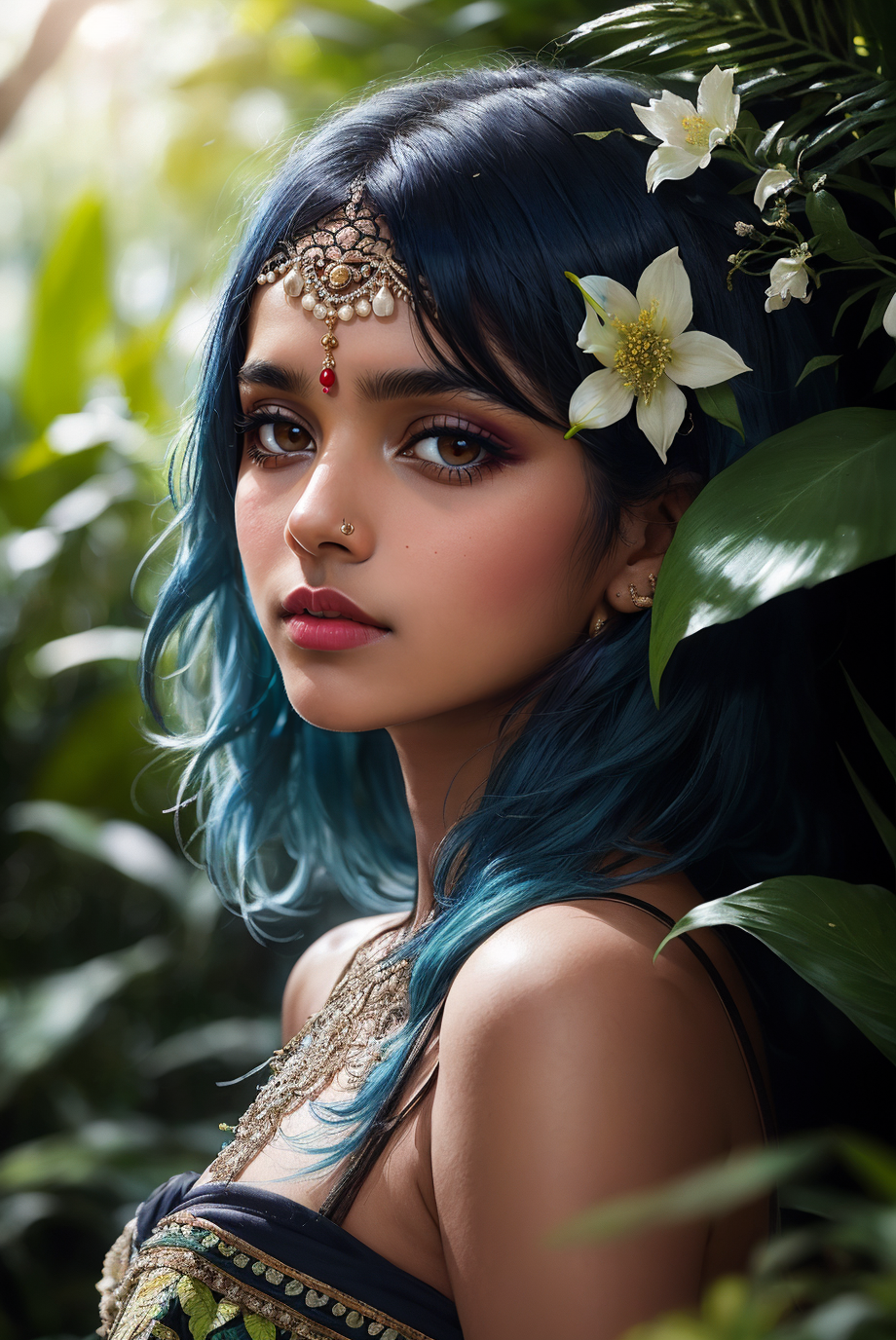 3978530478-3889919804-fashion photography portrait of indian girl with blue hair, in lush jungle with flowers, 3d render, cgi, symetrical, octane rend.png